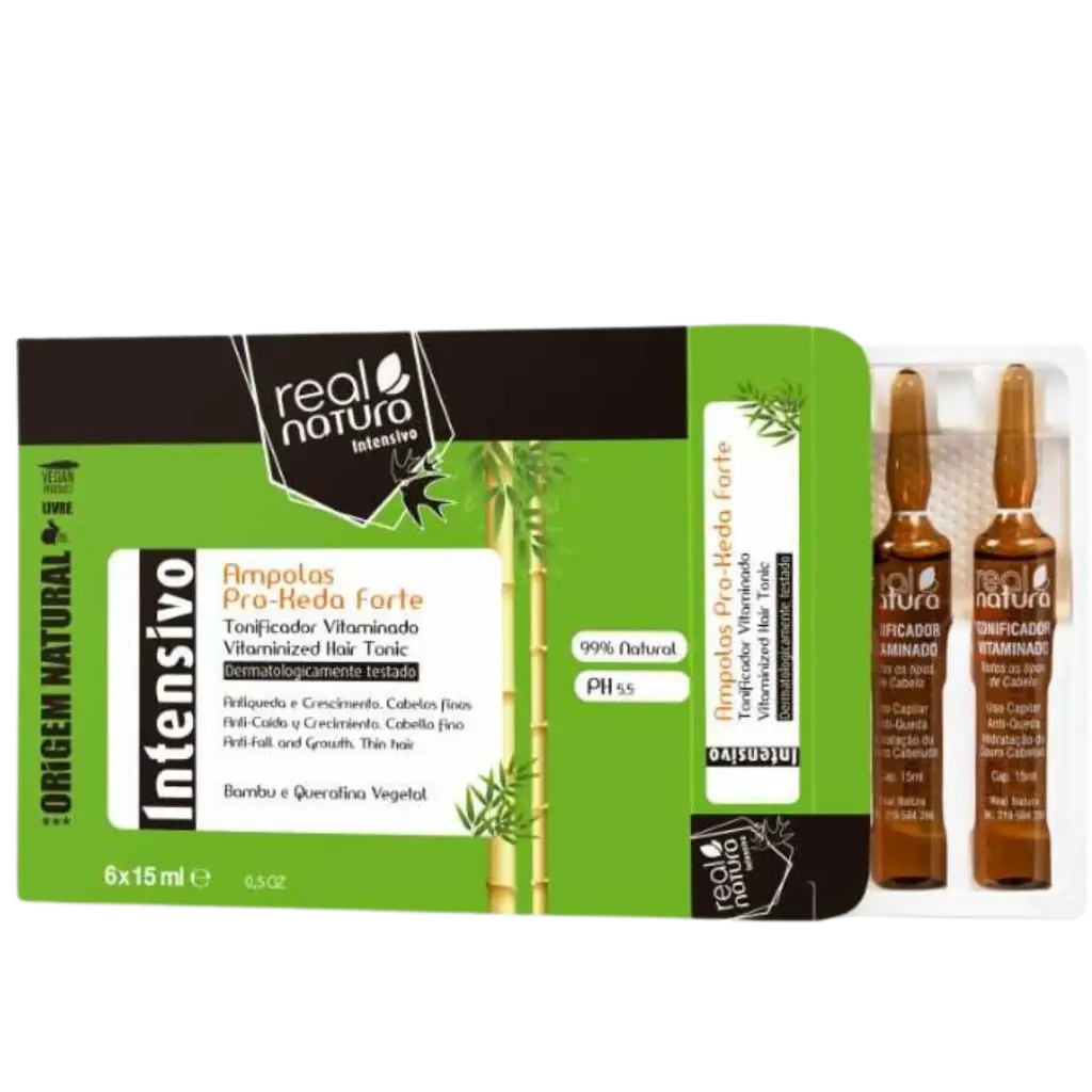 [5600493400513] Ampolas Fortificantes "Pro-Keda Forte - Bambu e Queratina Vegetal - Antiqueda e Crescimento. Cabelos Finos" Real Natura 6x15ml