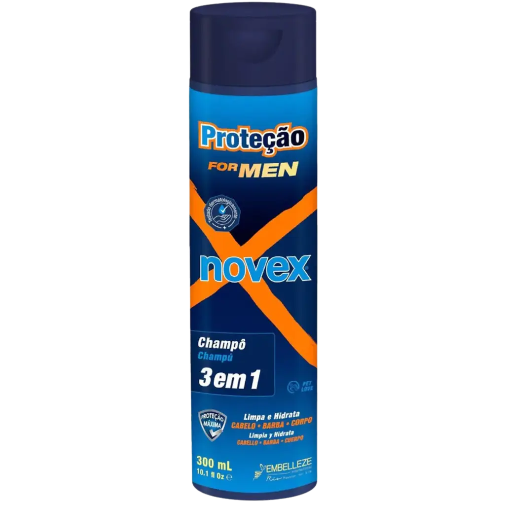 [876120004699] Champô Masculino - Proteção - 3 em 1 Cabelo, Barba, Corpo - Novex 300ml